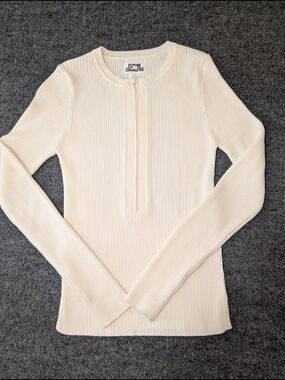 Future Collective Cream Off-White Ribbed Knit Zip Henley Sweater XS